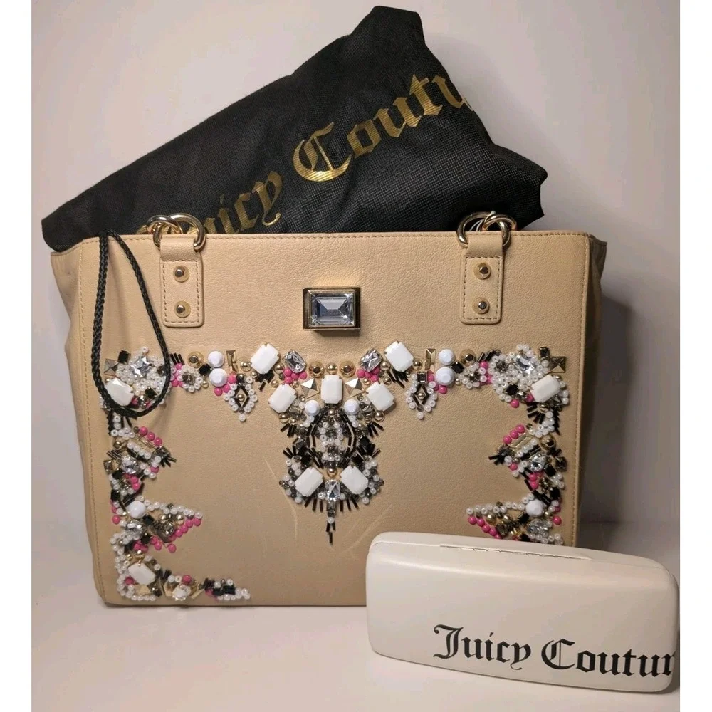 Juicy Couture Freya Genuine Leather Satchel Bejeweled Cream Gold NWT‎ Dust Bag